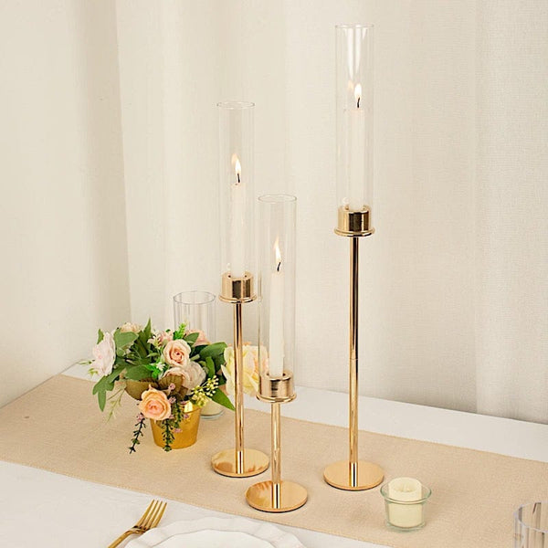 3 Metal with Clear Glass Shades Hurricane Taper Candle Holders Set