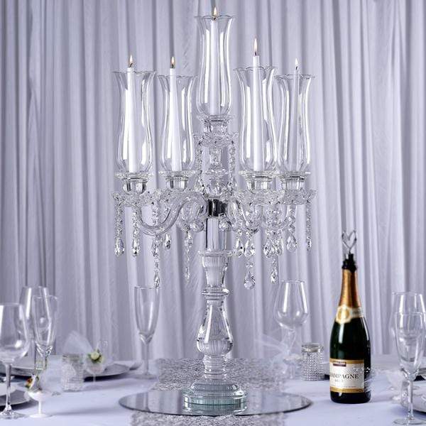 32 in tall Clear 5 Arm Crystal Glass Candelabra Hurricane Taper Candle Holder