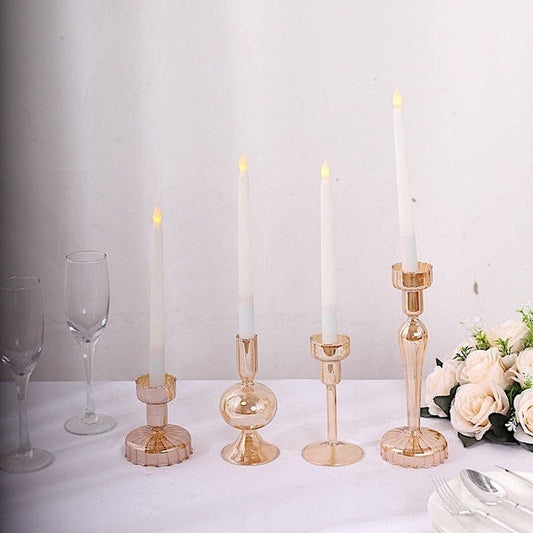 4 Gold Assorted Lined Crystal Glass Tea Light and Taper Candle Holders