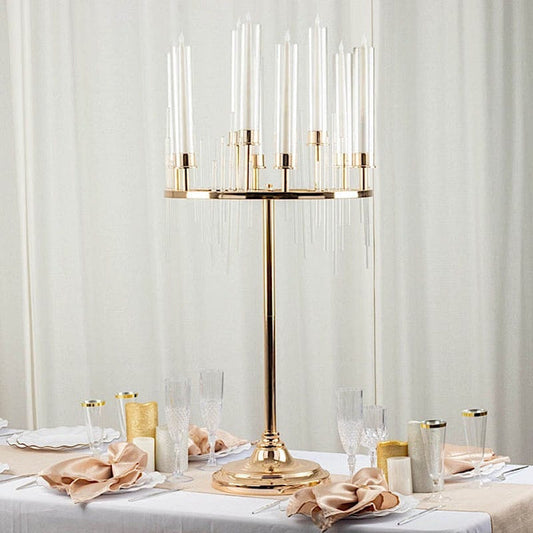 40 in Gold 9 Arm Round Metal Candelabra Taper Candle Holder with Clear Glass Shades