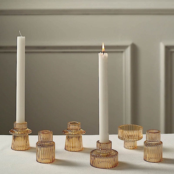 6 Mini 3 in Round Ribbed Glass Taper Candle Holders Centerpieces