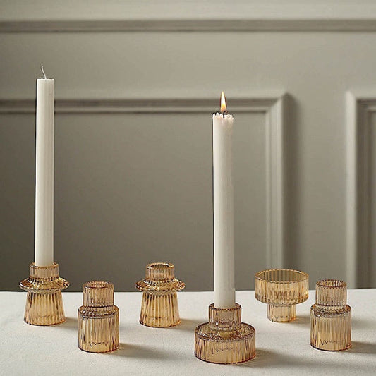 6 Mini 3 in Round Ribbed Glass Taper Candle Holders Centerpieces