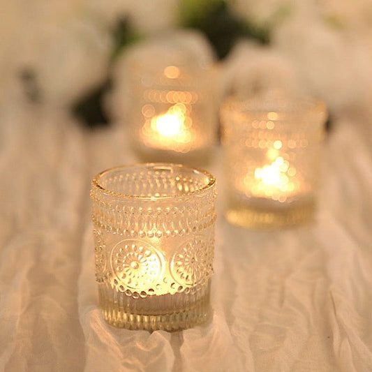 6 pcs 2.5" Clear Glass Votive Candle Holders with Primrose Design