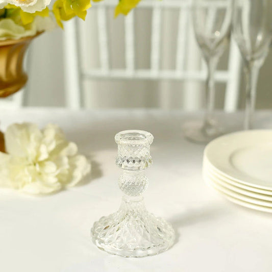 6 Reversible 4 in Glass Votive Taper Candle Holders with Diamond Pattern