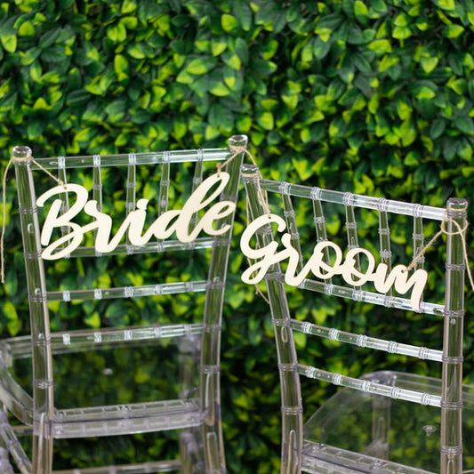 2 Natural 12x5 in Wooden Bride and Groom Chair Signs Hanging Wedding Decor