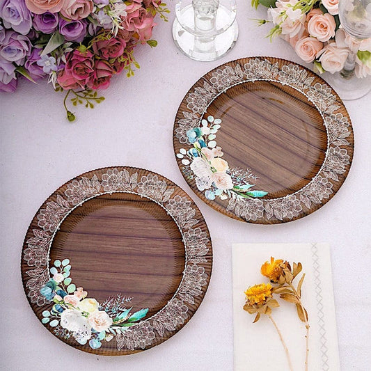 25 Brown 13 in Round Wooden Paper Charger Plates with Floral Lace Trim