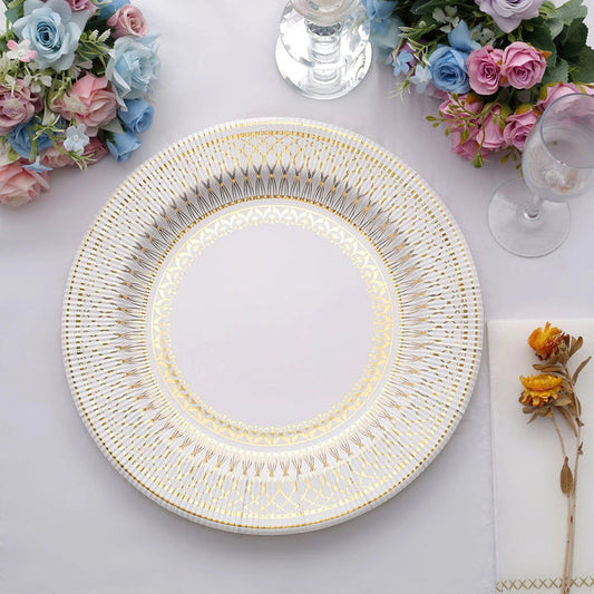 25 White 13 in Round Disposable Paper Charger Plates Gold Vintage Design