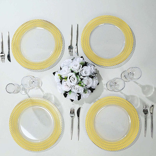 6 Acrylic Round 13 in Charger Plates with Wheat Pattern Gold Rim