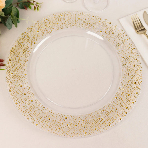 6 Clear 13" Round Plastic Charger Plates with Gold Pearl Beaded Trim