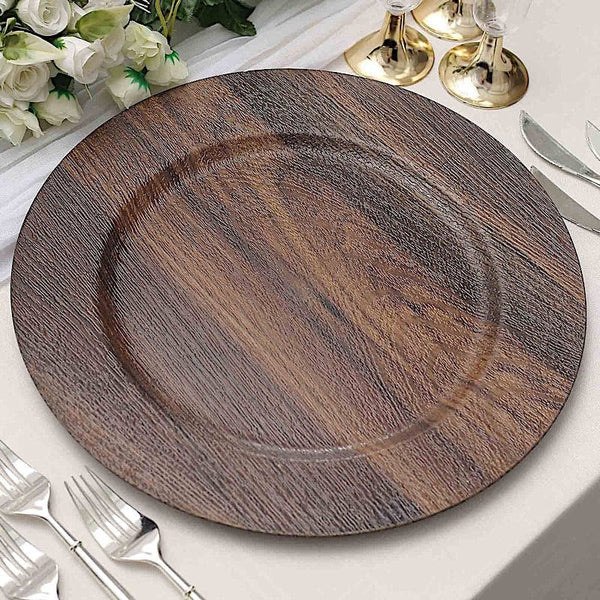 6 Rustic 13 in Round Faux Wood Plastic Charger Plates