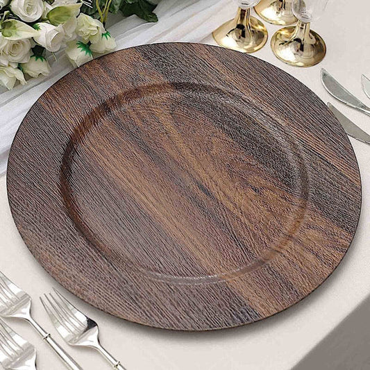 6 Rustic 13 in Round Faux Wood Plastic Charger Plates
