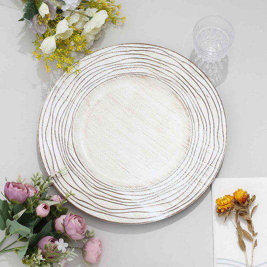 6 White Washed 13 in Rustic Wooden Round Plastic Charger Plates with Rose Embossed Trim