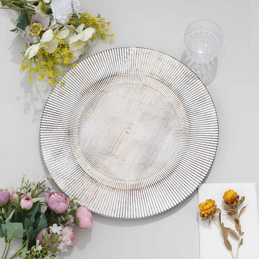 6 White Washed 13 in Rustic Wooden Round Plastic Charger Plates with Sunray Trim