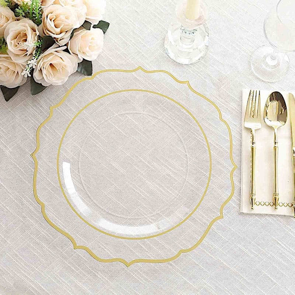 10 Clear 13 in Round Plastic Charger Plates with Gold Scalloped Rim