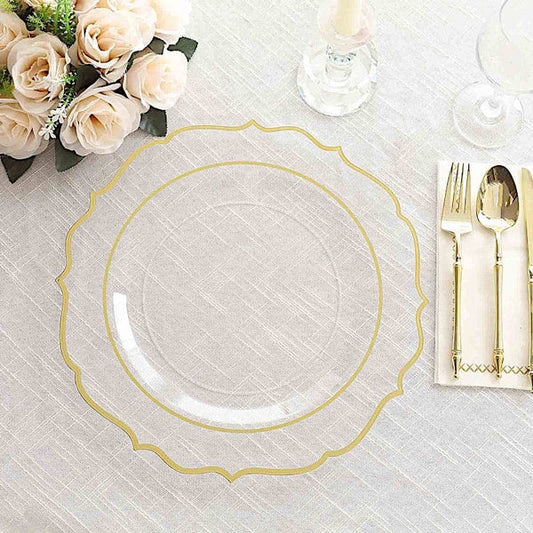 10 Clear 13 in Round Plastic Charger Plates with Gold Scalloped Rim