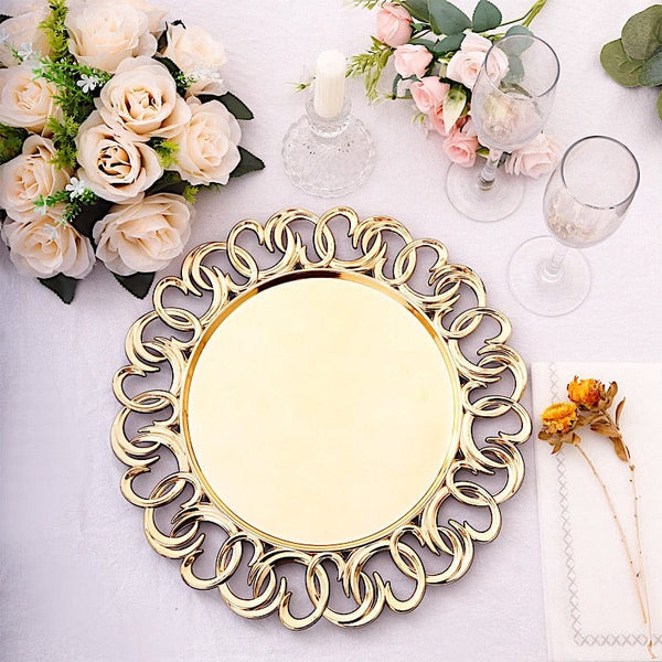 6 Metallic Gold 13" Round Plastic Charger Plates with Entwined Swirl Rim