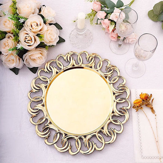 6 Metallic Gold 13" Round Plastic Charger Plates with Entwined Swirl Rim