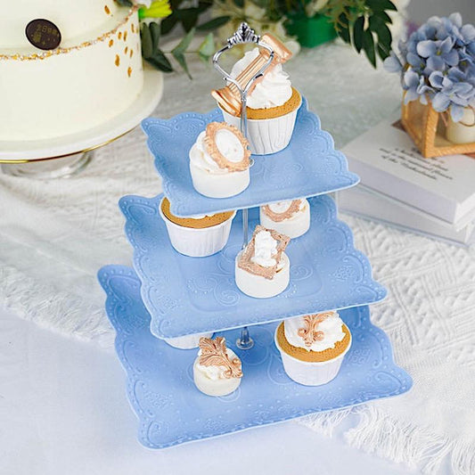 13 in tall 3 Tier Plastic Cupcake Holder Square Dessert Stand with Floral Print