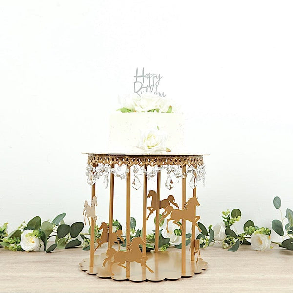 14 in Metal Round Pedestal Cake Stand Gold Carousel Design with Horses and Beads