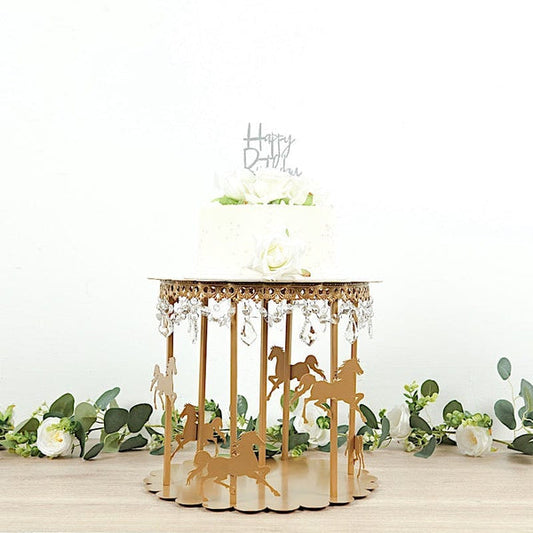 14 in Metal Round Pedestal Cake Stand Gold Carousel Design with Horses and Beads