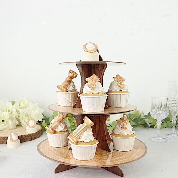 14 in Natural 3 Tier Cardboard Dessert Stand Wooden Print Cupcake Display Tower