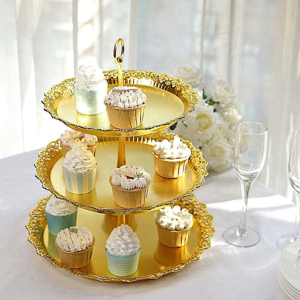 15 in Metallic Gold 3 Tier Plastic Cupcake Stand Round Dessert Display Tower with Lace Cut Trim