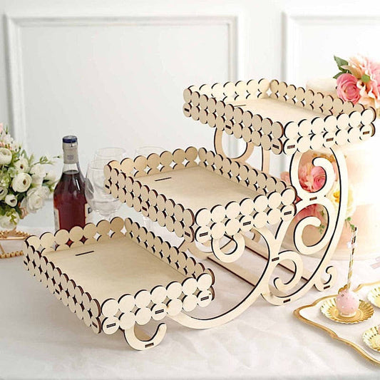 22 in Natural 3 Tier Laser Cut Rectangle Wooden Cupcake Dessert Stand