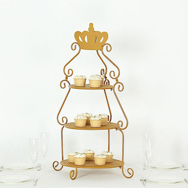 3 Tier Gold 32" Round Metal Cake Stand with Crown Top