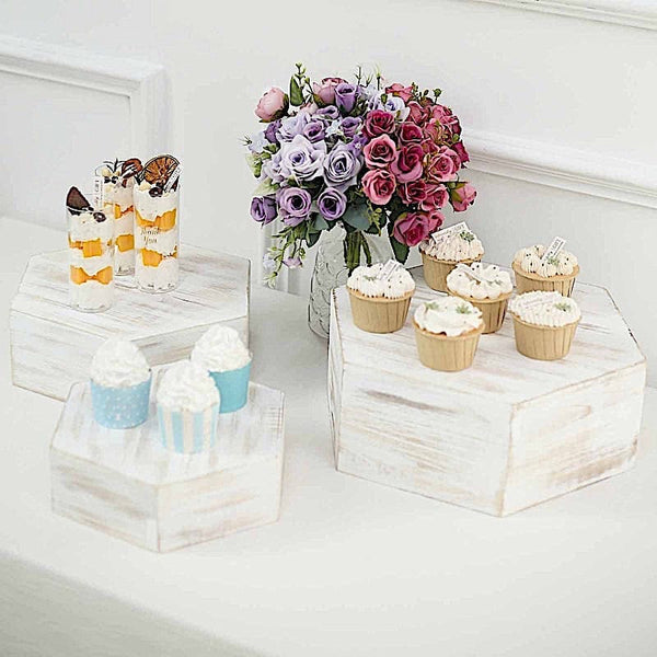 3 Whitewashed Wooden Cake Stand Hexagonal Dessert Display Boxes
