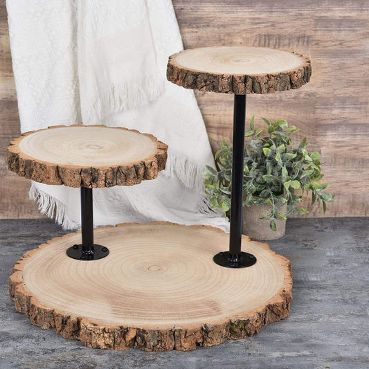 14 in 3 Tier Brown with Black Round Natural Wood Dessert Stand