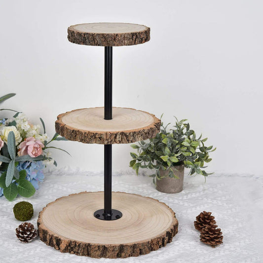 19 in 3 Tier Brown with Black Round Natural Wood Dessert Stand