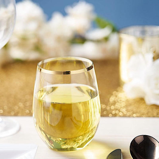 12 Gold Rim 12 oz Disposable Plastic Stemless Wine Glasses