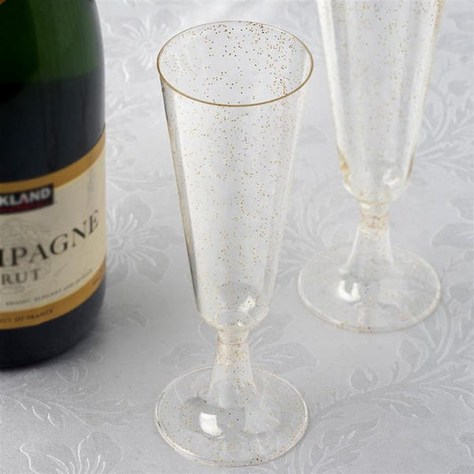 12 pcs 5 oz. Gold Glittered Disposable Plastic Party Champagne Flutes Glasses