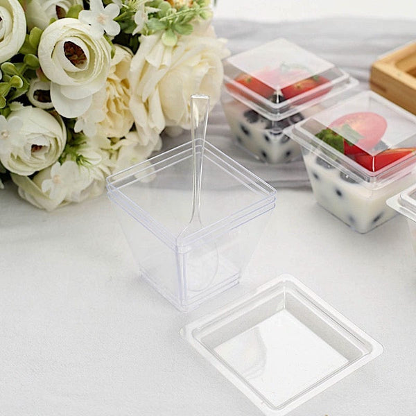 24 Clear 4 oz Disposable Square Plastic Dessert Cups with Lid and Spoon Set