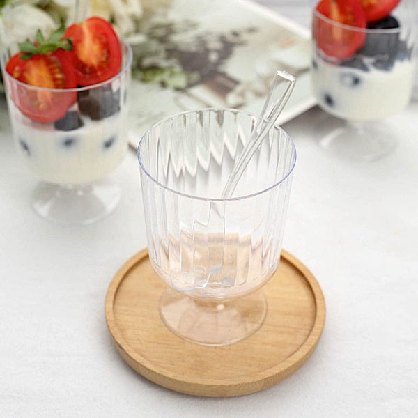 24 Clear 5 oz Disposable Ribbed Round Plastic Dessert Cups with Spoon Set