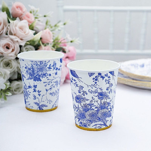24 White 9 oz Blue Floral Design Disposable Paper Drinking Cups with Gold Rim