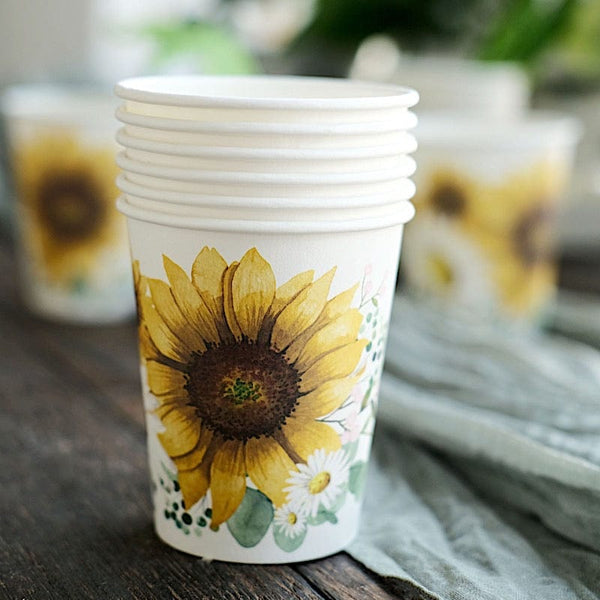 24 White 9 oz Yellow Sunflower Design All Purpose Disposable Paper Drinking Cups