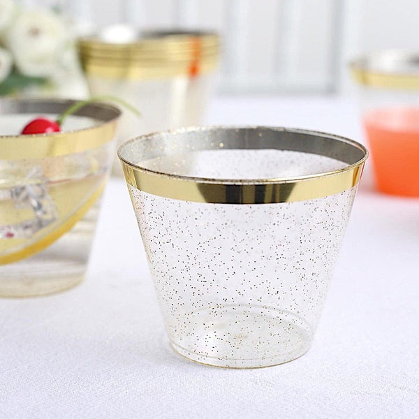 25 Glittered 9 oz Clear Plastic Disposable Cups with Gold Trim