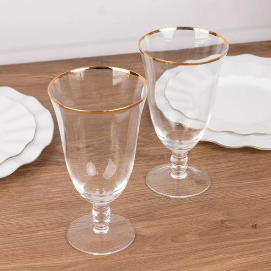 6 Clear Wine Glasses 16oz Gold Rimmed Design with Short Beaded Stem