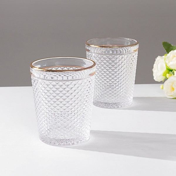 6 pack 11 oz Clear Tumbler Glasses Hobnail Design with Gold Rim