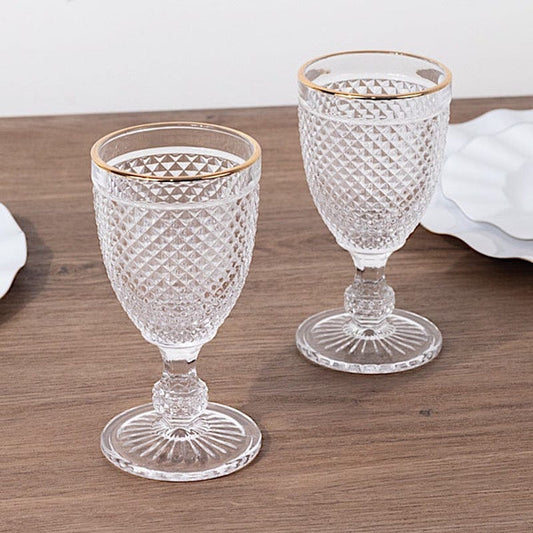 6 pack 8 oz Clear Glass Wine Goblets Gold Rim and Embossed Diamond Pattern