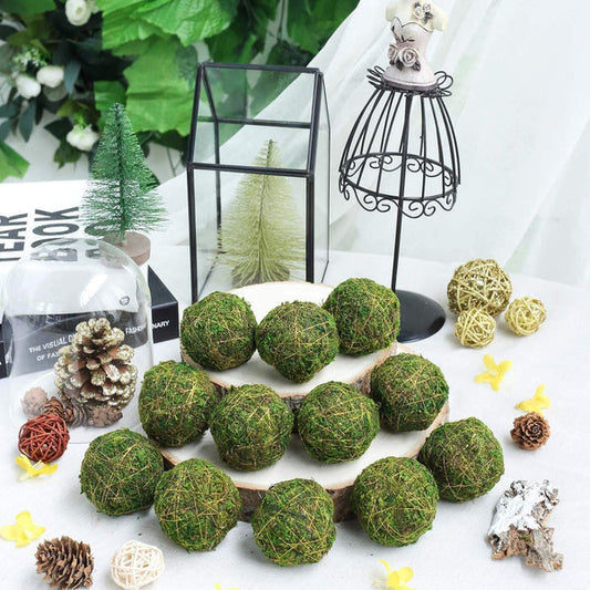 12 pcs 2 in Green Natural Moss Balls with Gold String Orbs Vase Filler Set