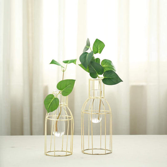 2 Gold Metal Geometric Bottles with Clear Glass Tubes Flower Vase Holders