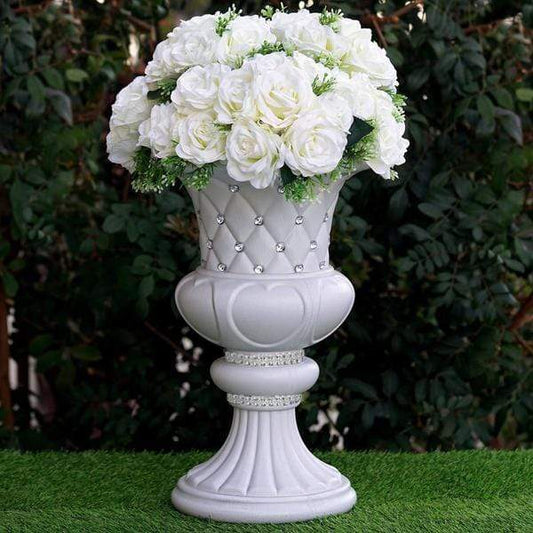 2 White 18 in tall Italian Pedestal Flower Pots Vases with Crystal Beads