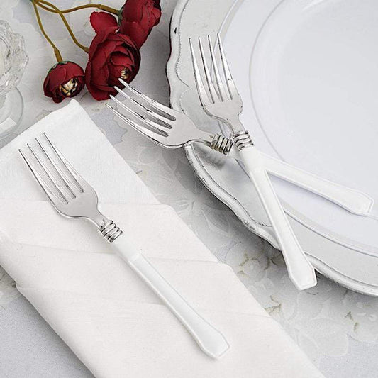 25 pcs 7" Silver Disposable Plastic Party Forks with White Handle
