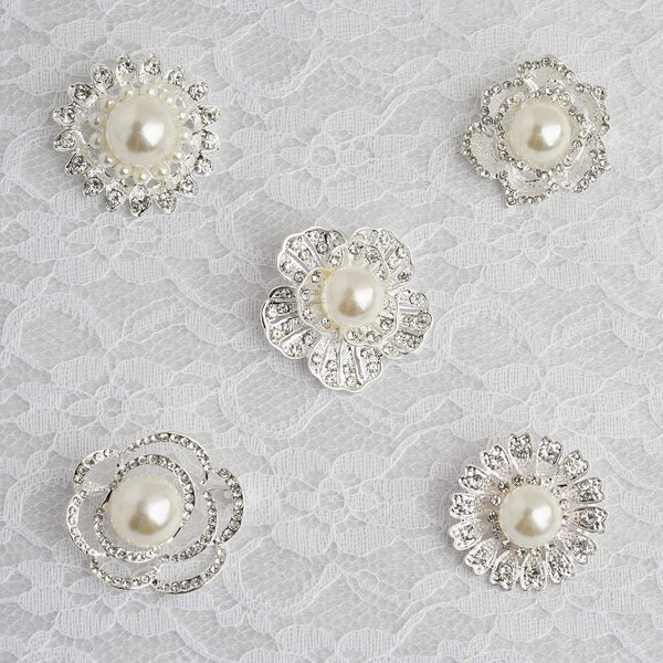 5 Silver Flowers Rhinestones with Pearls Assorted Pins Brooches