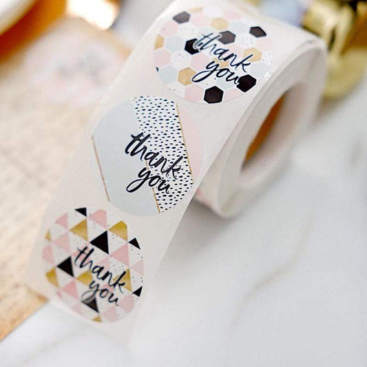 500 Assorted Thank You 1.5 in Round Stickers Roll with Geometric Designs