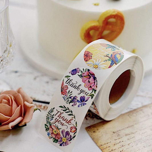 500 Assorted Thank You 1.5 in Round Tropical Floral Stickers Roll