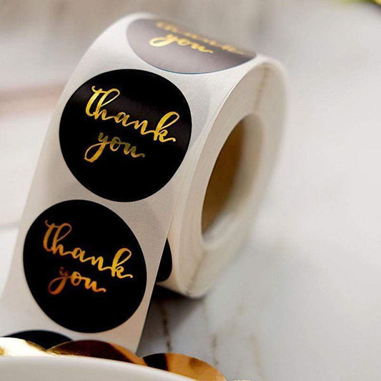 500 Black with Gold Thank You 1.5 in Round Stickers Roll