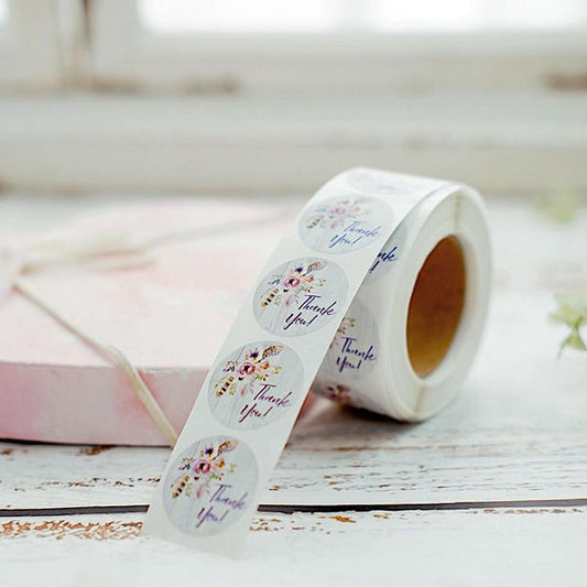 500 Purple Thank You 1 in Round Floral Stickers Roll